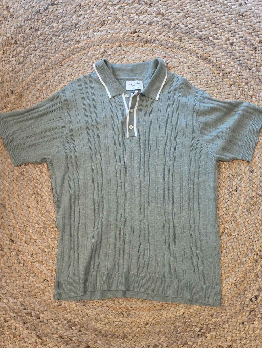 American Eagle Light Sage Short-Sleeve Knit Polo with Contrast Trim
